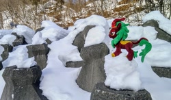 Size: 2048x1194 | Tagged: safe, imported from derpibooru, photographer:pakapaka1993, cinder glow, summer flare, kirin, pony, irl, japan, photo, plushie, snow, solo, winter