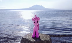 Size: 1024x617 | Tagged: safe, imported from derpibooru, photographer:pakapaka1993, berry punch, berryshine, earth pony, pony, irl, japan, mountain, ocean, photo, plushie, rock, solo, water