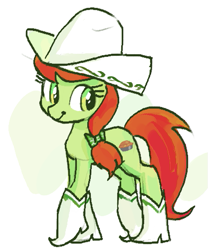 Size: 417x502 | Tagged: safe, artist:plunger, imported from derpibooru, peachy sweet, earth pony, pony, apple family member, boots, bow, clothes, cowboy boots, cowboy hat, cute, female, full body, hair bow, hat, looking at something, looking back, mare, ponerpics import, shoes, simple background, smiling, solo, standing