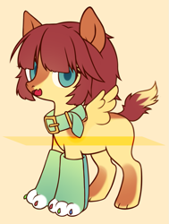 Size: 939x1244 | Tagged: safe, artist:miioko, imported from derpibooru, oc, oc only, hybrid, pegasus, pony, collar, open mouth, paws, pegasus oc, simple background, solo, wings, yellow background