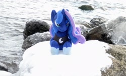 Size: 2048x1240 | Tagged: safe, imported from derpibooru, photographer:pakapaka1993, princess luna, alicorn, pony, seapony (g4), irl, japan, photo, plushie, race swap, rock, snow, solo, water, winter