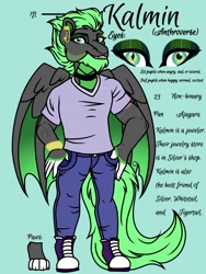 Size: 1000x1333 | Tagged: safe, artist:teonnakatztkgs, imported from derpibooru, oc, oc only, oc:kalmin, anthro, pegasus, beard, clothes, converse, facial hair, hand on hip, makeup, pants, pegasus oc, reference sheet, shoes, smiling, wings