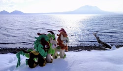 Size: 2048x1189 | Tagged: safe, imported from derpibooru, photographer:pakapaka1993, autumn blaze, cinder glow, spring glow, summer flare, kirin, pony, irl, japan, mountain, ocean, photo, plushie, snow, trio, water, winter