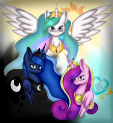Size: 2349x2554 | Tagged: safe, artist:maneblue, imported from derpibooru, princess cadance, princess celestia, princess luna, alicorn, pony, alicorn triarchy, bust, female, horn, jewelry, mare, peytral, spread wings, tiara, wings