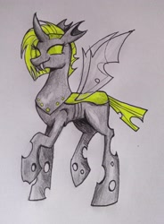 Size: 2537x3442 | Tagged: safe, artist:dreamy990, imported from derpibooru, oc, oc:heart swells, changeling, solo, traditional art, yellow changeling