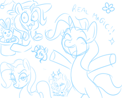 Size: 2738x2190 | Tagged: safe, artist:kaikururu, imported from derpibooru, trixie, pony, unicorn, bedroom eyes, bipedal, bunny out of the hat, bust, eyes closed, female, lineart, magic trick, mare, one eye closed, sketch, sketch dump, smiling, wink