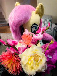 Size: 1725x2300 | Tagged: safe, artist:natureshy, imported from derpibooru, fluttershy, pony, flower, irl, photo, plushie, solo