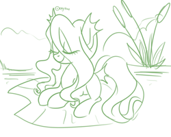 Size: 2738x2190 | Tagged: safe, artist:kaikururu, imported from derpibooru, oc, oc only, earth pony, pony, earth pony oc, eye clipping through hair, eyes closed, female, lilypad, lineart, lying down, mare, monochrome, prone, smiling, solo