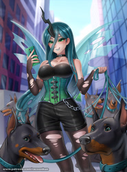 Size: 1300x1759 | Tagged: safe, alternate version, artist:racoonsan, imported from derpibooru, queen chrysalis, doberman, dog, human, bare shoulders, breasts, busty queen chrysalis, chains, cleavage, clothes, cute, fangs, gloves, horn, horned humanization, humanized, long gloves, phone, sleeveless, stockings, thigh highs, winged humanization, wings