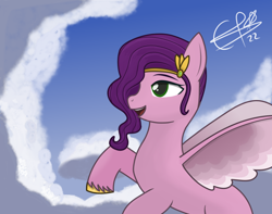 Size: 5200x4100 | Tagged: safe, artist:cobaltskies002, imported from derpibooru, pipp petals, pegasus, pony, amazed, cloud, female, flying, g5, mare, my little pony: a new generation, signature, solo, spread wings, wings