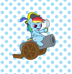 Size: 723x748 | Tagged: safe, anonymous artist, imported from derpibooru, rainbow dash, pegasus, pony, cannon, cute, female, hat, pirate, solo, sword, weapon