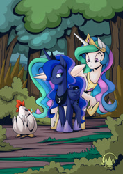 Size: 955x1351 | Tagged: safe, artist:mysticalpha, imported from derpibooru, princess celestia, princess luna, alicorn, bird, chicken, pony, between dark and dawn, alektorophobia, crown, diadem, duo, duo female, ethereal mane, ethereal tail, female, forest, hoof shoes, jewelry, luna is not amused, mare, peytral, regalia, royal sisters, scared, siblings, signature, sisters, tail, that princess sure is afraid of chickens, tree, unamused