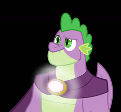 Size: 1280x1187 | Tagged: safe, artist:cloudy glow, artist:disneymarvel96, edit, imported from derpibooru, vector edit, spike, dragon, the last problem, black background, brooch, cape, clothes, gigachad spike, glowing, jewelry, light up, male, older, older spike, shine, simple background, solo, vector