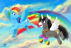 Size: 1100x737 | Tagged: safe, artist:dolphydolphiana, imported from derpibooru, rainbow dash, oc, oc:illiam, alicorn, pegasus, duo, female, flying, looking at each other, looking at someone, mare, rainbow