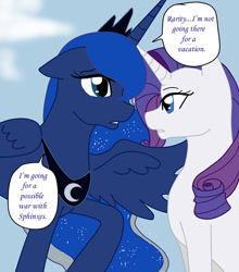 Size: 600x683 | Tagged: safe, artist:ask--luna-and-rarity, imported from derpibooru, princess luna, rarity, alicorn, pony, unicorn, series:arc 1, female, lesbian, rariluna, shipping