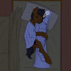 Size: 2953x2953 | Tagged: safe, artist:thatsbadboi, imported from derpibooru, oc, oc:astral claw, oc:calm field, earth pony, unicorn, bed, body pillow, high res, hug, long hair, long mane, long tail, onomatopoeia, open mouth, sleeping, sound effects, tail, white shirt, zzz