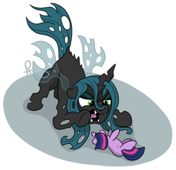 Size: 1666x1609 | Tagged: safe, artist:doodledonutart, imported from derpibooru, queen chrysalis, twilight sparkle, changeling, changeling queen, pony, unicorn, behaving like a cat, eyeshadow, fangs, februpony, female, lidded eyes, lying down, makeup, on side, open mouth, plushie, simple background, solo, twilight cat, unicorn twilight, white background