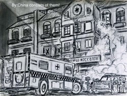 Size: 1256x955 | Tagged: safe, artist:china consists of them!, imported from derpibooru, twilight sparkle, equestria at war mod, fallout equestria, ambulance, attack, car, monochrome, police, police car, soldier, soldiers, traditional art, truck