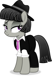 Size: 3282x4812 | Tagged: safe, artist:anime-equestria, imported from derpibooru, octavia melody, earth pony, pony, alternate hairstyle, clothes, female, full body, hat, high res, hooves, jewelry, lidded eyes, mare, necklace, necktie, shadow, short hair, simple background, smiling, solo, standing, suit, tail, three quarter view, transparent background, vector