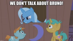 Size: 1280x720 | Tagged: safe, edit, edited screencap, imported from derpibooru, screencap, snails, snips, trixie, pony, unicorn, boast busters, caption, encanto, image macro, song reference, text, trio, we don't talk about bruno