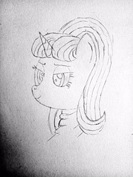 Size: 3072x4096 | Tagged: safe, artist:mildgyth, imported from derpibooru, starlight glimmer, anthro, alternate hairstyle, bust, februpony, monochrome, portrait, solo, traditional art