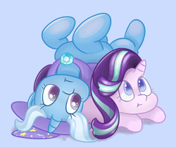 Size: 2160x1803 | Tagged: safe, artist:limitmj, imported from derpibooru, starlight glimmer, trixie, pony, unicorn, to change a changeling, :t, brooch, cape, clothes, duo, hat, high res, jewelry, lying down, lying on top of someone, on back, scene interpretation, trixie's brooch, trixie's cape, trixie's hat