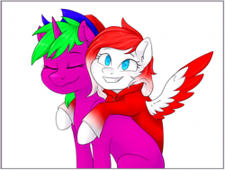 Size: 700x529 | Tagged: safe, artist:haruhi-il, imported from derpibooru, oc, oc:making amends, oc:skrrah, pegasus, pony, unicorn, commission, duo, hat, ych result