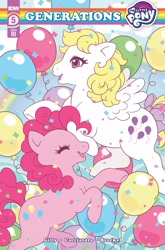 Size: 1186x1800 | Tagged: safe, artist:celesse, idw, imported from derpibooru, pinkie pie, surprise, earth pony, pegasus, pony, spoiler:comic, spoiler:comicgenerations05, balloon, comic, comic cover, confetti, cover, duo, g1, g4, g4 to g1, generation leap, generational ponidox, my little pony: generations, surprise (g1)