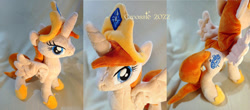 Size: 1024x452 | Tagged: safe, artist:cwossie, imported from derpibooru, oc, oc only, oc:avaya ridatrane, alicorn, pony, alicorn oc, collage, commission, crown, female, horn, jewelry, photo, plushie, regalia, solo, spread wings, wings