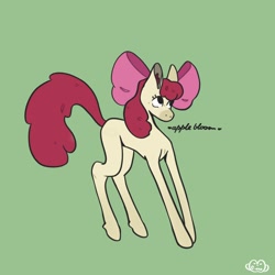 Size: 1500x1500 | Tagged: safe, artist:corduroy_exe, imported from derpibooru, apple bloom, earth pony, pony, female, filly, foal, full body, green background, hooves, signature, simple background, solo, standing, tail
