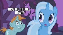 Size: 1280x720 | Tagged: safe, edit, edited screencap, imported from derpibooru, screencap, snips, trixie, pony, unicorn, boast busters, season 1, caption, female, image macro, male, shipping, straight, text, trips