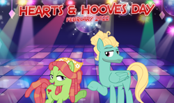 Size: 2064x1218 | Tagged: safe, artist:19crowbar19, artist:90sigma, imported from derpibooru, tree hugger, zephyr breeze, earth pony, pegasus, 2022, dance floor, dancing, disco, disco ball, february, female, hearts and hooves day, holiday, looking at each other, looking at someone, lyrics in the description, male, mare, shake your groove thing, shipping, smiling, song in the description, stallion, straight, valentine's day, youtube link in the description, zephyrhugger