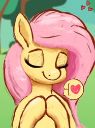 Size: 1535x2048 | Tagged: safe, artist:phutashi, imported from derpibooru, fluttershy, pegasus, pony, bust, eyes closed, female, heart, holiday, hoof hold, hooves to the chest, hooves together, implied discord, mare, smiling, solo, valentine, valentine's day, valentine's day card