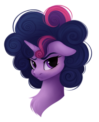 Size: 2223x2744 | Tagged: safe, artist:vetta, imported from derpibooru, twilight sparkle, pony, unicorn, friendship is magic, alternate hairstyle, bust, chest fluff, curly mane, female, floppy ears, looking at you, mare, messy mane, simple background, solo, twilight poofle, twilight sparkle is not amused, unamused, unicorn twilight, white background
