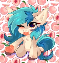 Size: 2816x3000 | Tagged: safe, artist:pesty_skillengton, imported from derpibooru, oc, oc only, oc:peacher, pony, blushing, chest fluff, chibi, colored hooves, cute, ear fluff, female, food, heart eyes, hoof hold, kneeling, looking at you, mouth hold, one eye closed, pale belly, peach, solo, unshorn fetlocks, wingding eyes