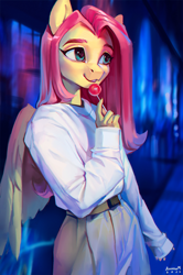 Size: 1280x1923 | Tagged: safe, artist:annna markarova, imported from derpibooru, fluttershy, anthro, candy, chromatic aberration, clothes, evening, female, food, holding, lollipop, looking away, open mouth, outdoors, pants, pullover, smiling, solo, standing, three quarter view, winged anthro, wings