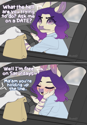 Size: 1259x1800 | Tagged: safe, artist:evehly, imported from derpibooru, oc, oc only, oc:nikki, anthro, donkey, hybrid, zebroid, zonkey, bag, blushing, car, dialogue, driving, ear blush, eyes closed, female, furry, infatuation, offscreen character, open mouth