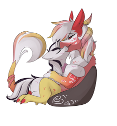Size: 2822x3012 | Tagged: safe, artist:beardie, imported from derpibooru, oc, oc only, oc:season's greetings, oc:yiazmat, draconequus, unicorn, couch, draconequus oc, female, hearts and hooves day, holiday, horn, horns, kissing, male, shipping, simple background, transparent background, unicorn oc, valentine's day, wings