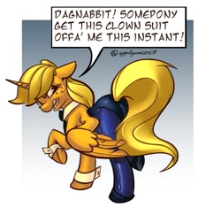 Size: 1011x946 | Tagged: safe, artist:applepost67, imported from derpibooru, applejack, alicorn, pony, alicornified, applebutt, applecorn, applejack is not amused, bunny suit, butt, clothes, cuffs (clothes), female, leotard, looking back, mare, pantyhose, plot, race swap, solo, speech bubble, unamused