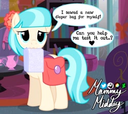 Size: 1024x917 | Tagged: safe, artist:mommymidday, imported from derpibooru, coco pommel, earth pony, pony, :3, abdl, adult foal, bag, cute, dialogue, diaper, diaper bag, diaper fetish, fetish, g4, hair accessory, looking at you, lying down, milk, mouth hold, saddle bag, show accurate, signature, solo, tail, two toned mane, two toned tail