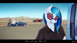 Size: 1280x720 | Tagged: safe, artist:apocheck13, imported from derpibooru, dj pon-3, octavia melody, vinyl scratch, anthro, earth pony, unicorn, car, looking at you, mazda, road, smoke, talking, truck