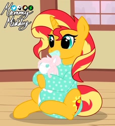 Size: 928x1024 | Tagged: safe, artist:mommymidday, imported from derpibooru, sunset shimmer, pony, unicorn, equestria girls, abdl, adult foal, big eyes, clothes, cute, diaper, diaper fetish, fetish, g4, non-baby in diaper, onesie, pacifier, plushie, poofy diaper, show accurate, signature, sitting, solo, tail, two toned mane, two toned tail