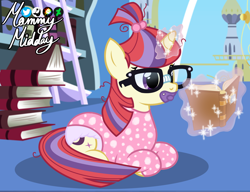 Size: 2360x1817 | Tagged: safe, artist:mommymidday, imported from derpibooru, moondancer, pony, unicorn, abdl, adult foal, book, bookshelf, clothes, cute, diaper, diaper fetish, fetish, g4, glasses, levitation, library, lying, magic, magic aura, moondancer in diaper, non-baby in diaper, onesie, pacifier, ponyloaf, ponytail, poofy diaper, prone, reading, show accurate, signature, telekinesis, twilight's canterlot home