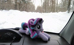 Size: 2048x1238 | Tagged: safe, imported from derpibooru, photographer:pakapaka1993, starlight glimmer, pony, unicorn, car, car interior, irl, japan, photo, plushie, snow, solo, tongue out, winter