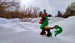 Size: 2048x1178 | Tagged: safe, imported from derpibooru, photographer:pakapaka1993, cinder glow, summer flare, kirin, pony, irl, japan, photo, plushie, snow, solo, tree, winter