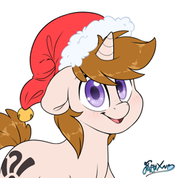 Size: 2414x2413 | Tagged: safe, artist:fluffyxai, imported from derpibooru, oc, oc only, oc:white shield, pony, unicorn, christmas, festive, hat, holiday, looking at you, santa hat, simple background, smiling, solo, white background