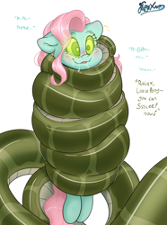 Size: 3724x5000 | Tagged: safe, artist:fluffyxai, imported from derpibooru, minty, oc, oc:melyssa, lamia, original species, blushing, coiling, coils, crying, drool, hypnosis, imminent vore, smiling, speech, squeezing, squished, tail, tail wrap, talking, wrapped snuggly, wrapped up