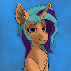 Size: 1668x1668 | Tagged: safe, artist:levinerex, imported from derpibooru, oc, oc only, oc:moon lavallé, pony, unicorn, :p, blue background, bust, chest fluff, female, mare, portrait, purple eyes, simple background, solo, tongue out