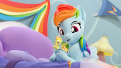 Size: 3840x2160 | Tagged: safe, artist:xppp1n, imported from derpibooru, rainbow dash, spitfire, pegasus, pony, 3d, bed, bedroom, blender, blender cycles, clothes, female, figurine, looking down, lying down, mare, open mouth, pillow, playing with toys, ponies playing with ponies, prone, rainbow dash's house, smiling, spread wings, toy, uniform, unshorn fetlocks, wings, wonderbolt trainee uniform