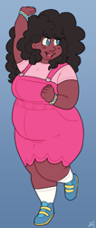 Size: 643x1523 | Tagged: safe, artist:greenarsonist, imported from derpibooru, pinkie pie, human, blue background, blushing, bracelet, clothes, dark skin, dress, fat, gender headcanon, humanized, jewelry, long hair, natural hair color, nonbinary, pudgy pie, raised arm, raised hand, shoes, simple background, smiling, socks, solo